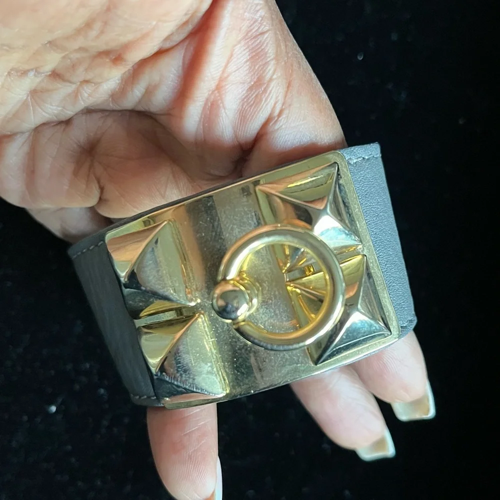 Gray Leather Collier De Chen Style Bracelet w/ Gold Hardware - Picture 2 of 5